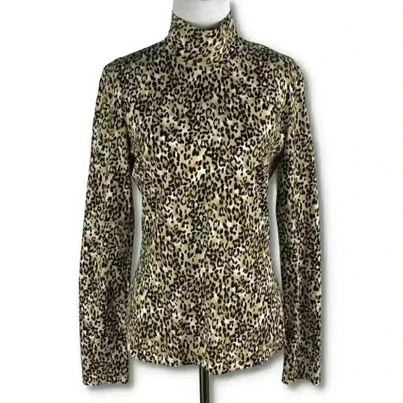 St. John top size S brown tan cheetah print long sleeve mock turtleneck stretch - Picture 11 of 11